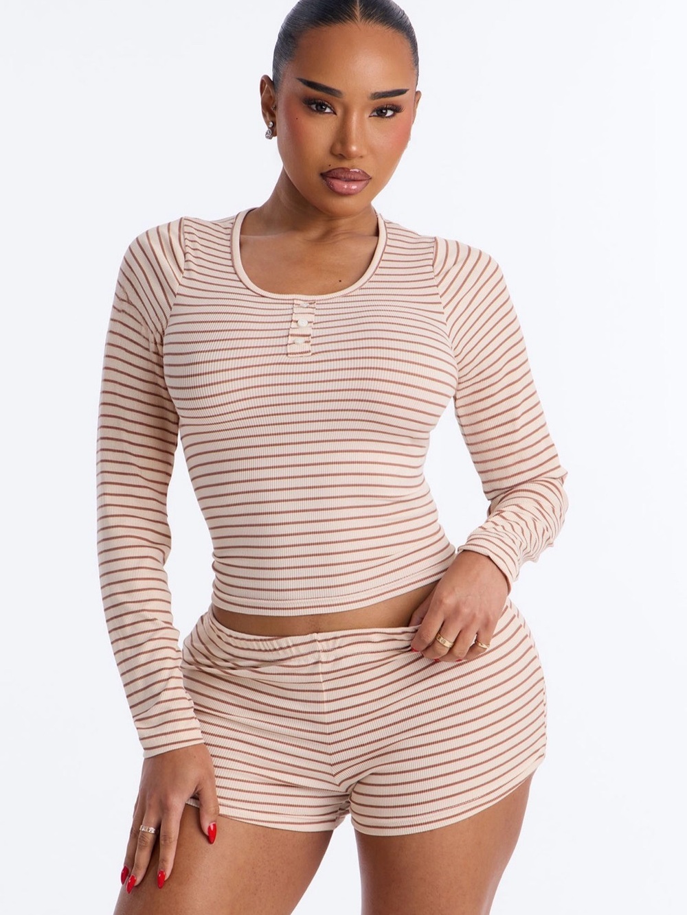 Striped Ribbed Long Sleeve Top & Shorts Set - Beige & Brown